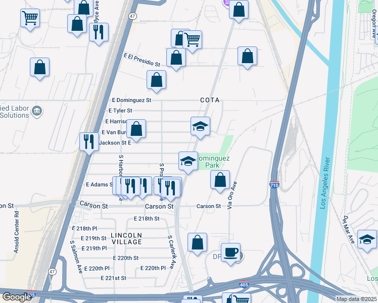 map of restaurants, bars, coffee shops, grocery stores, and more near 2743 East Monroe Street in Carson