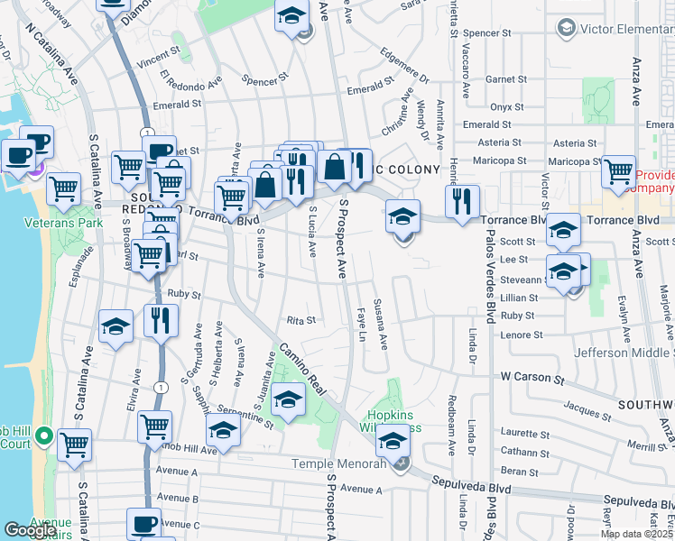 map of restaurants, bars, coffee shops, grocery stores, and more near 422 South Lucia Avenue in Redondo Beach