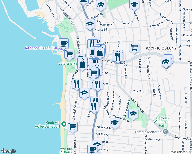 map of restaurants, bars, coffee shops, grocery stores, and more near 415 South Guadalupe Avenue in Redondo Beach