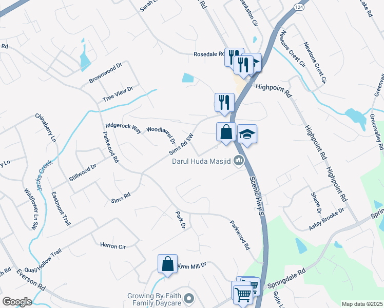 map of restaurants, bars, coffee shops, grocery stores, and more near 2645 Trotters Walk Trail in Snellville