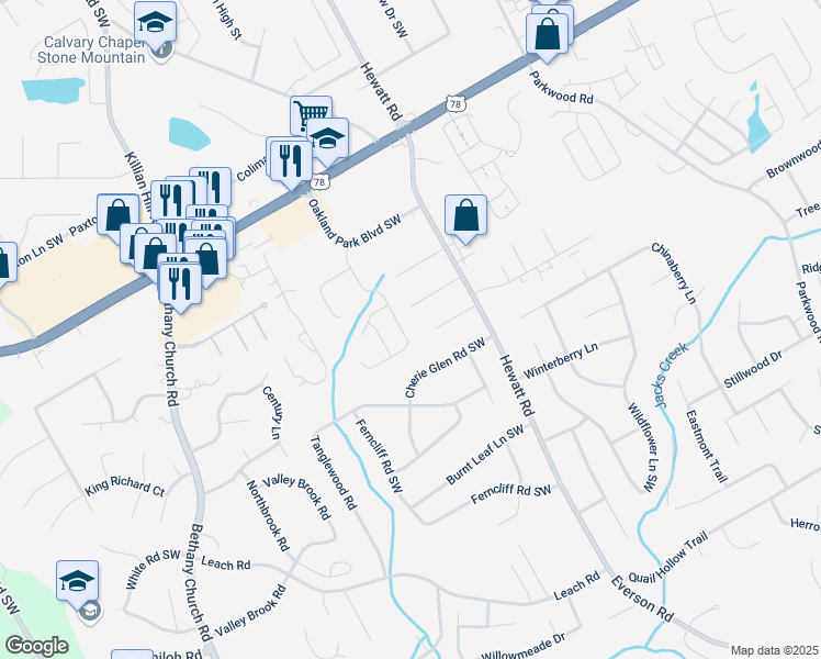 map of restaurants, bars, coffee shops, grocery stores, and more near 2344 Oakland Spring Drive in Snellville