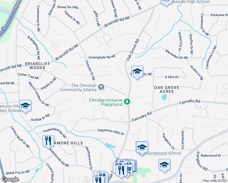 map of restaurants, bars, coffee shops, grocery stores, and more near 1618 Crestline Drive Northeast in Atlanta