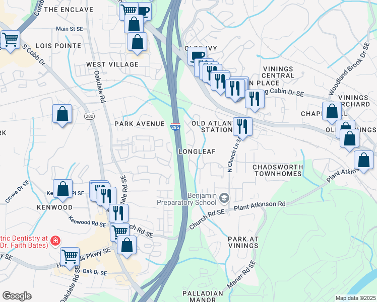 map of restaurants, bars, coffee shops, grocery stores, and more near 4766 Longcourt Drive in Atlanta