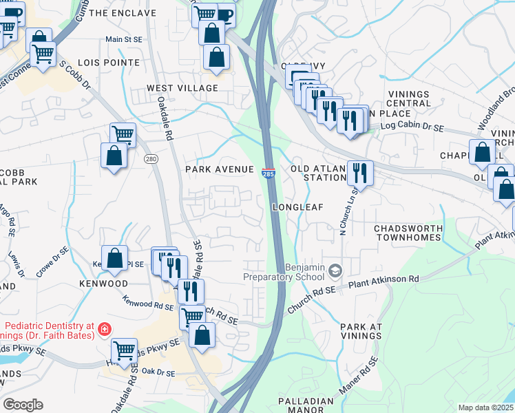map of restaurants, bars, coffee shops, grocery stores, and more near 1907 Cobb Crossing Southeast in Smyrna