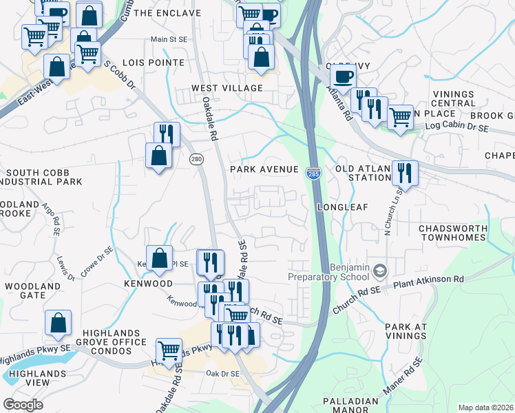 map of restaurants, bars, coffee shops, grocery stores, and more near 2235 Millhaven Street in Smyrna
