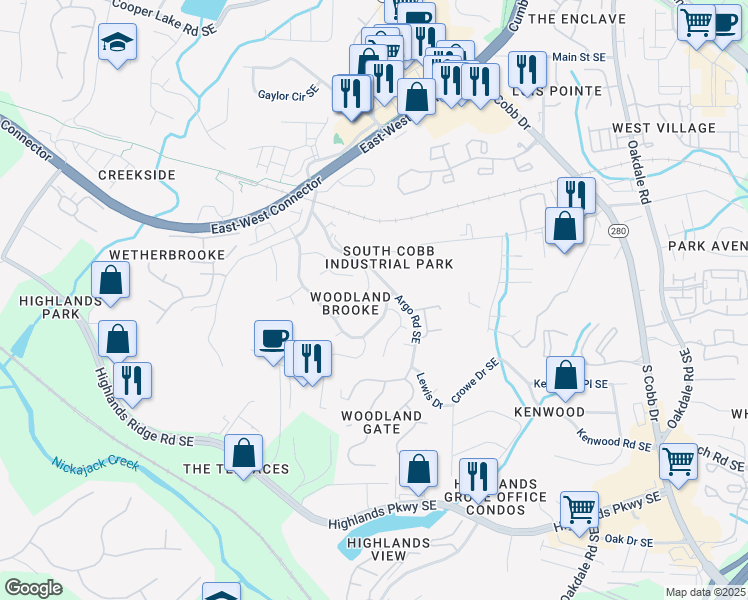 map of restaurants, bars, coffee shops, grocery stores, and more near 1689 Clay Brooke Lane Southeast in Smyrna