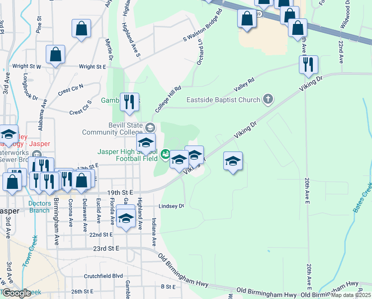 map of restaurants, bars, coffee shops, grocery stores, and more near 1100 Viking Drive in Jasper