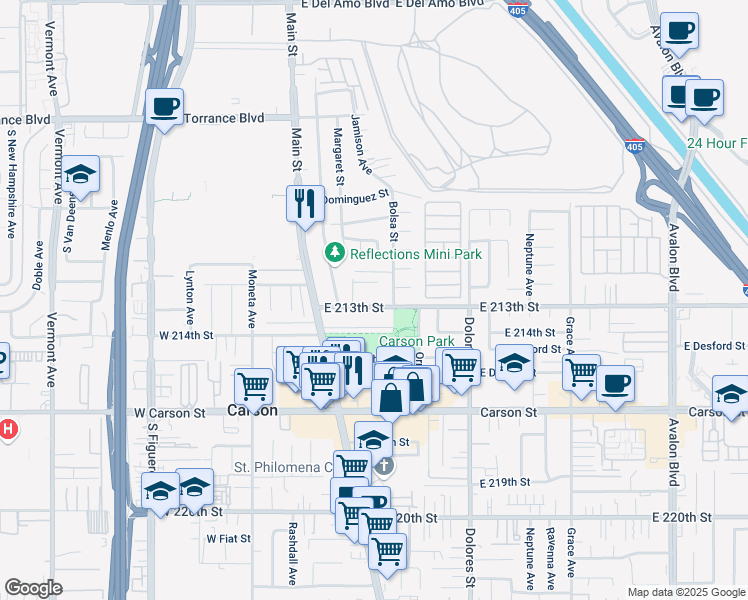 map of restaurants, bars, coffee shops, grocery stores, and more near 171 East 213th Street in Carson