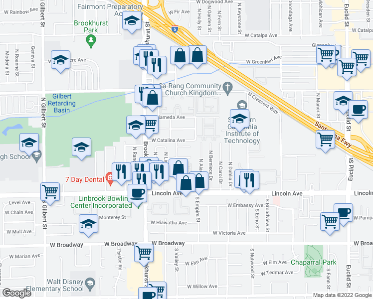 map of restaurants, bars, coffee shops, grocery stores, and more near 2116 West Sunrise Avenue in Anaheim