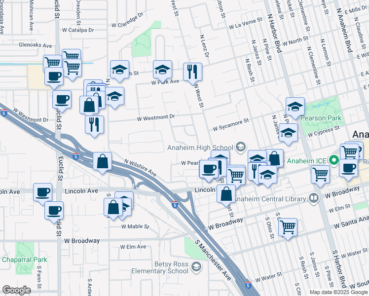 map of restaurants, bars, coffee shops, grocery stores, and more near 1207 West Dwyer Drive in Anaheim