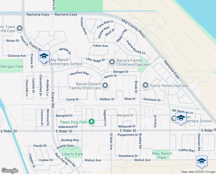 map of restaurants, bars, coffee shops, grocery stores, and more near 3506 Riverwalk Court in Perris