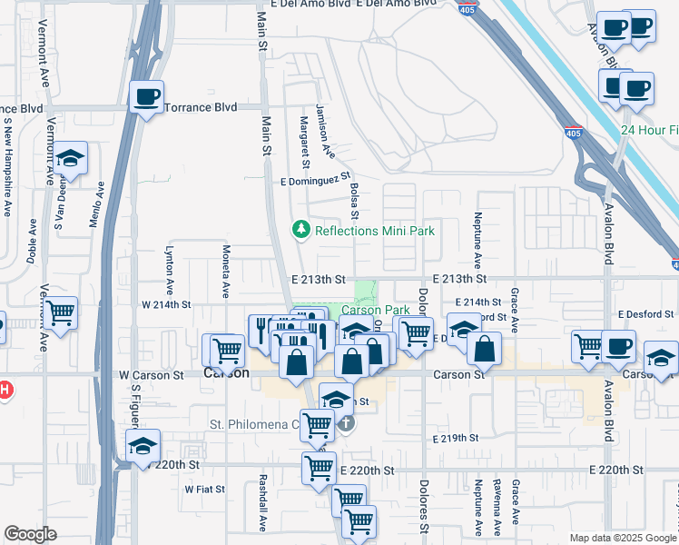 map of restaurants, bars, coffee shops, grocery stores, and more near 171 East 213th Street in Carson