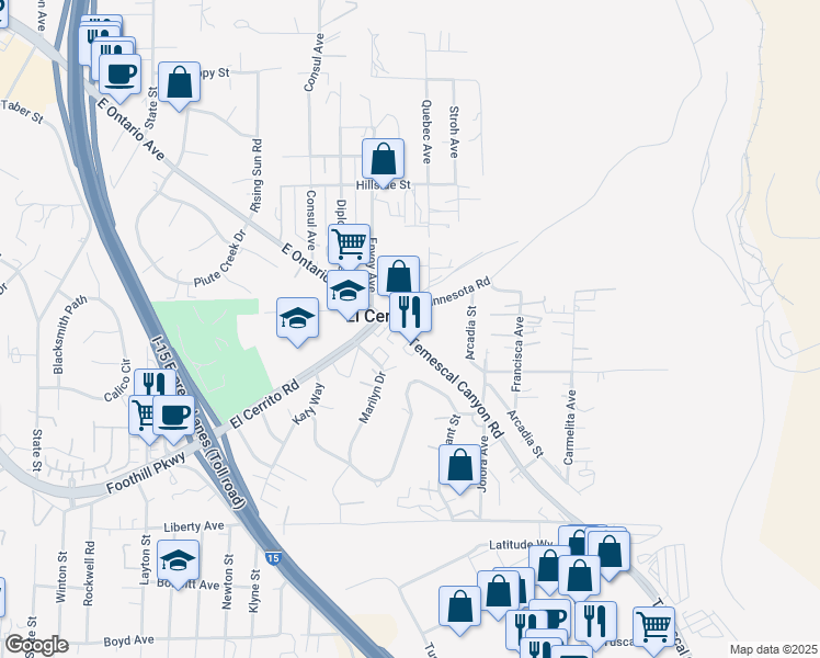 map of restaurants, bars, coffee shops, grocery stores, and more near 19594 Temescal Canyon Road in Corona