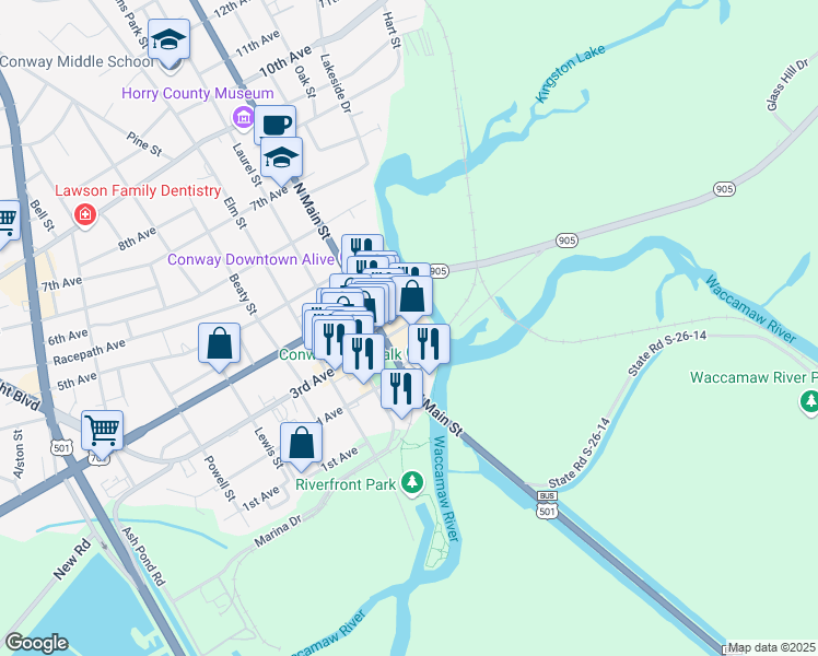 map of restaurants, bars, coffee shops, grocery stores, and more near 903 3rd Avenue in Conway