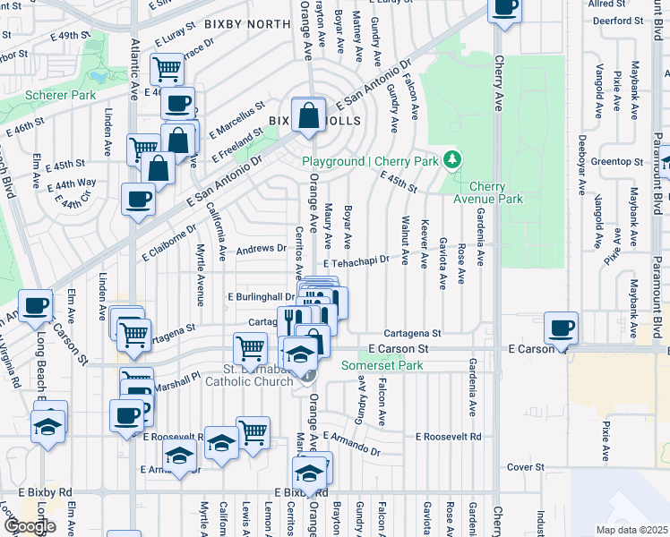 map of restaurants, bars, coffee shops, grocery stores, and more near 4252 Maury Avenue in Long Beach