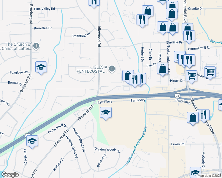 map of restaurants, bars, coffee shops, grocery stores, and more near 4368 Idlewood Lane in Tucker