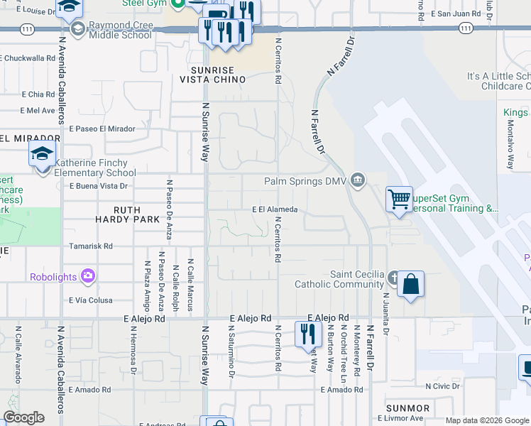 map of restaurants, bars, coffee shops, grocery stores, and more near 2033 East El Alameda in Palm Springs