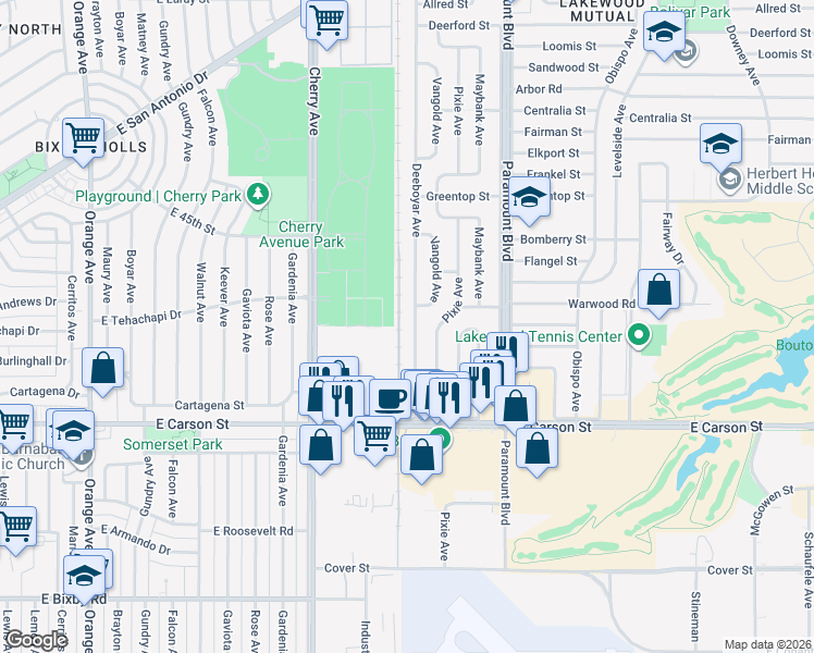 map of restaurants, bars, coffee shops, grocery stores, and more near 4253 Deeboyar Avenue in Lakewood