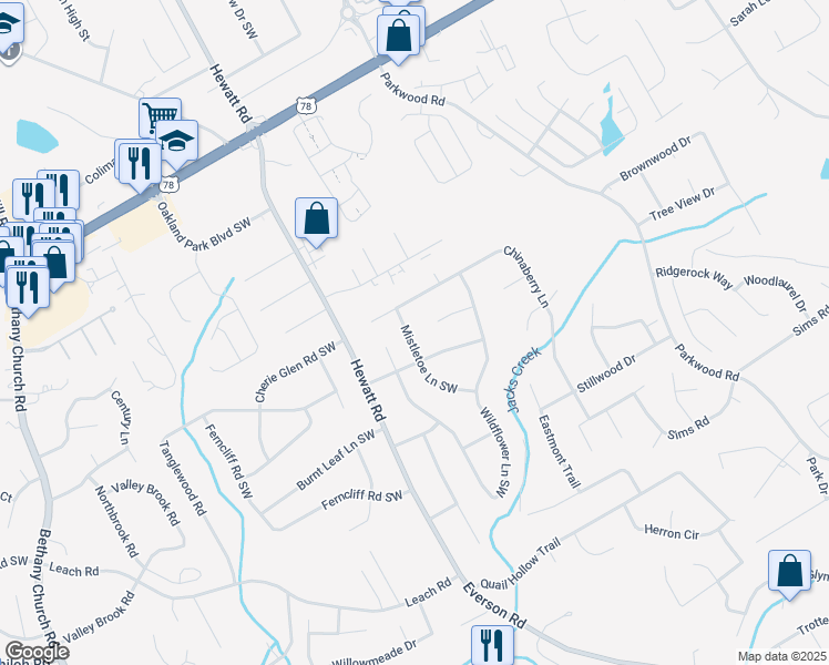 map of restaurants, bars, coffee shops, grocery stores, and more near 2462 Mistletoe Lane Southwest in Snellville
