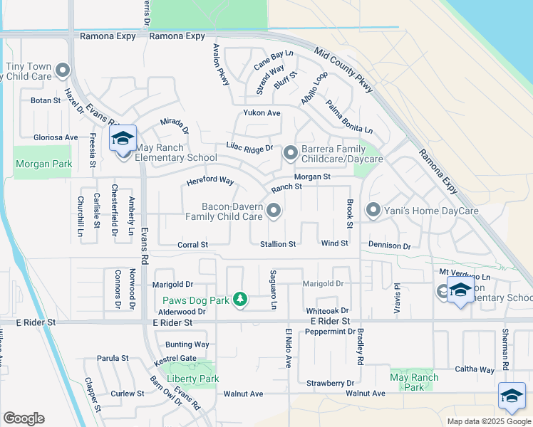 map of restaurants, bars, coffee shops, grocery stores, and more near 1411 Scenic Way in Perris
