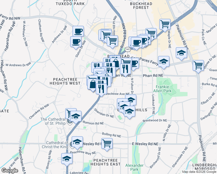 map of restaurants, bars, coffee shops, grocery stores, and more near 2965 Peachtree Road Northeast in Atlanta