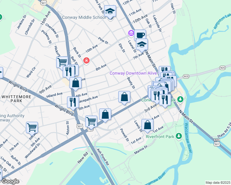 map of restaurants, bars, coffee shops, grocery stores, and more near 1314 5th Avenue in Conway