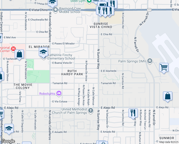 map of restaurants, bars, coffee shops, grocery stores, and more near 1458 East El Alameda in Palm Springs