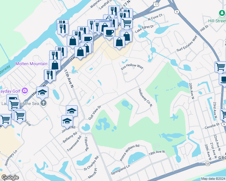 map of restaurants, bars, coffee shops, grocery stores, and more near 857 Villa Drive in North Myrtle Beach