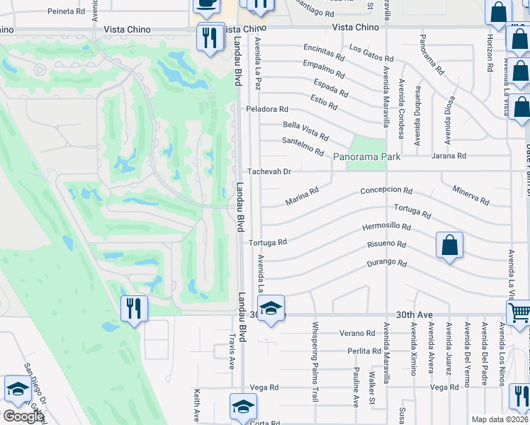 map of restaurants, bars, coffee shops, grocery stores, and more near 68115 Marina Road in Cathedral City