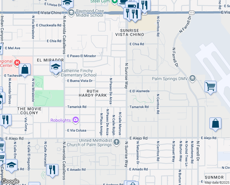 map of restaurants, bars, coffee shops, grocery stores, and more near 1458 East El Alameda in Palm Springs
