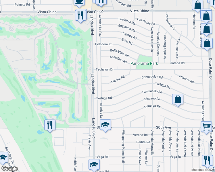 map of restaurants, bars, coffee shops, grocery stores, and more near 68115 Marina Road in Cathedral City
