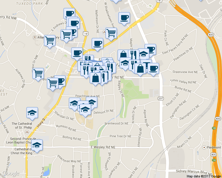 map of restaurants, bars, coffee shops, grocery stores, and more near 2968 Lookout Place Northeast in Atlanta