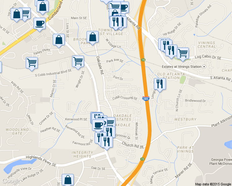 map of restaurants, bars, coffee shops, grocery stores, and more near 4799 Seldon Way Southeast in Smyrna