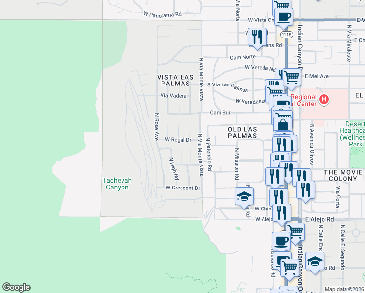 map of restaurants, bars, coffee shops, grocery stores, and more near 894 North Topaz Circle in Palm Springs