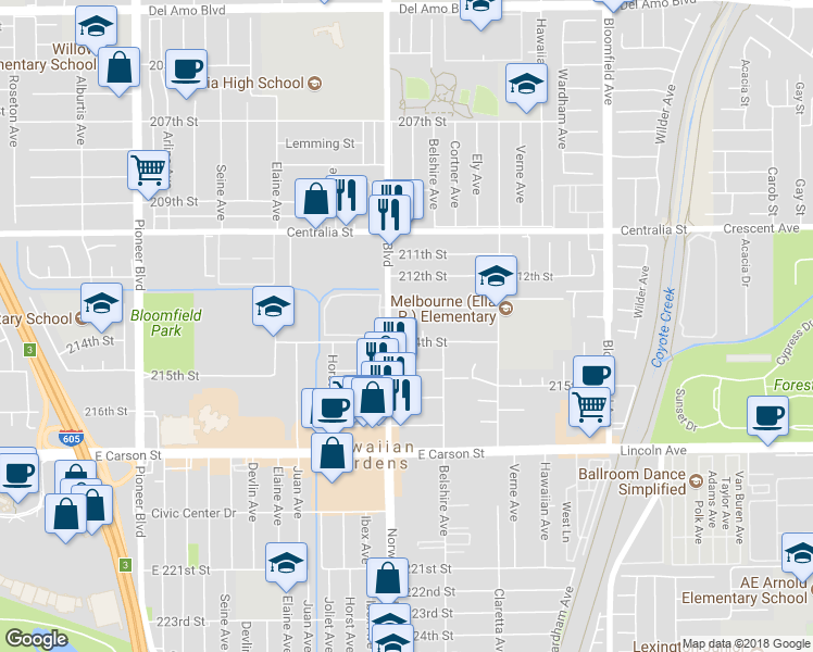 map of restaurants, bars, coffee shops, grocery stores, and more near 21316 Norwalk Boulevard in Hawaiian Gardens