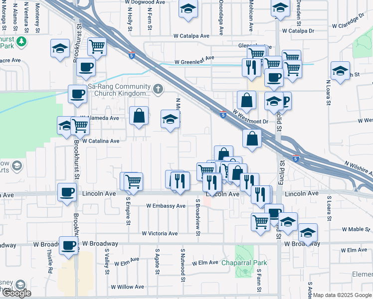 map of restaurants, bars, coffee shops, grocery stores, and more near 305 North Bayport Circle in Anaheim