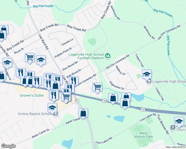 map of restaurants, bars, coffee shops, grocery stores, and more near 345 Zion Wood Road in Loganville
