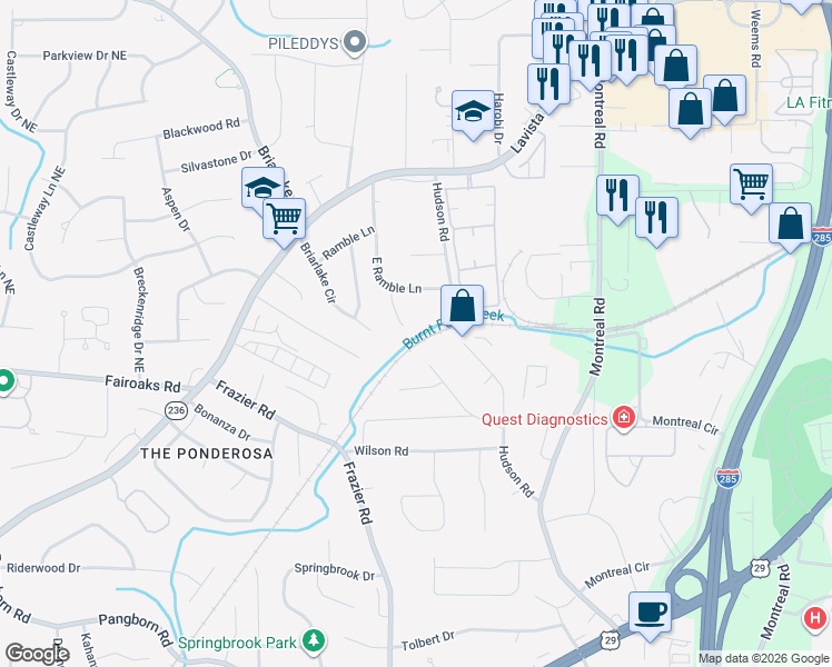 map of restaurants, bars, coffee shops, grocery stores, and more near 1807 East Ramble Court in Decatur