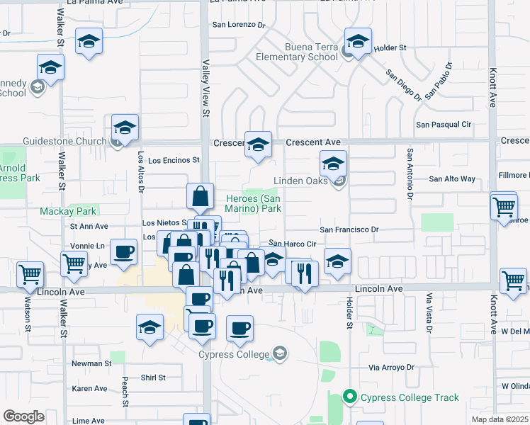 map of restaurants, bars, coffee shops, grocery stores, and more near 8738 Hoffman Street in Buena Park