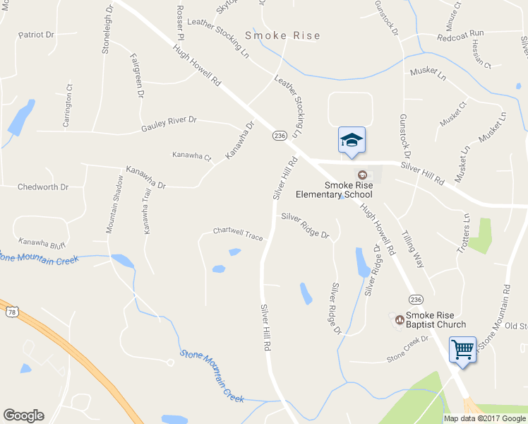 map of restaurants, bars, coffee shops, grocery stores, and more near 1822 Silver Hill Road in Stone Mountain