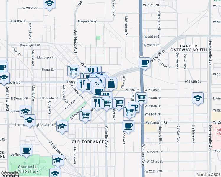 map of restaurants, bars, coffee shops, grocery stores, and more near 1831 213th Street in Torrance