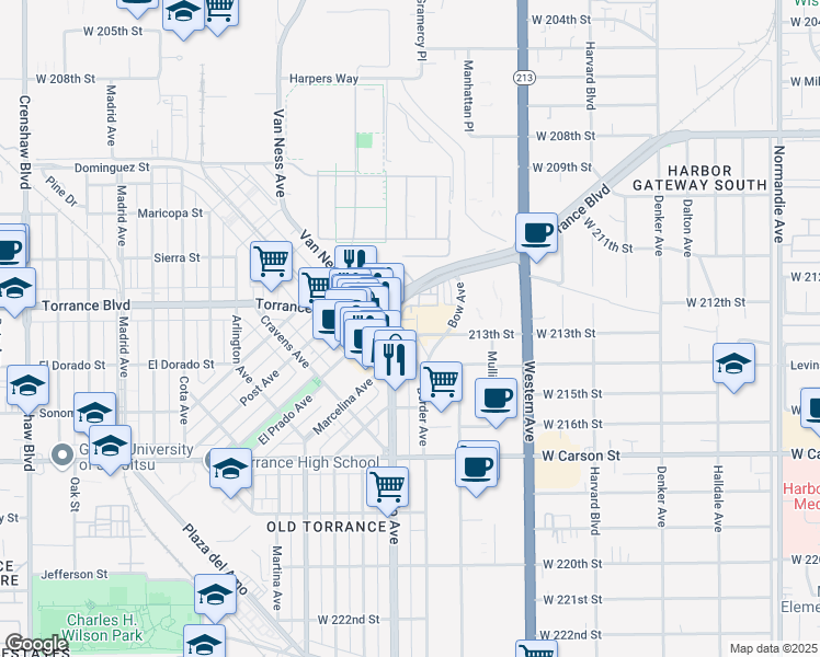 map of restaurants, bars, coffee shops, grocery stores, and more near 1831 213th Street in Torrance