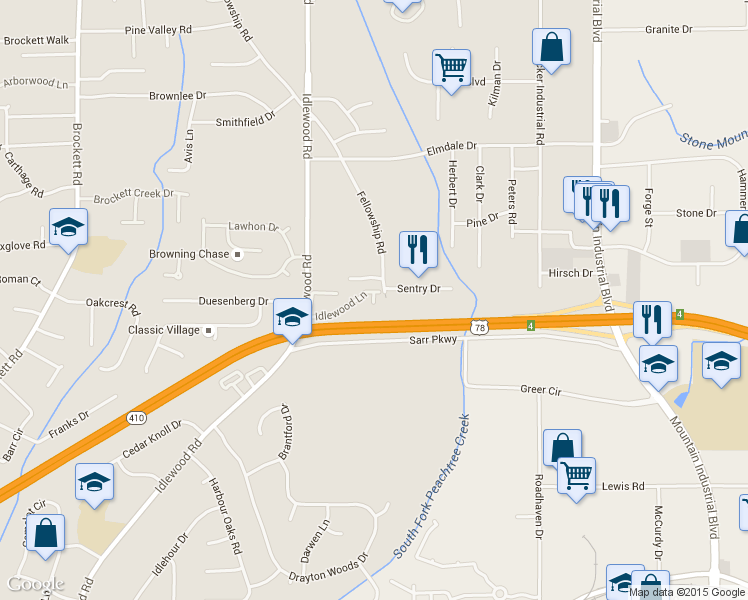 map of restaurants, bars, coffee shops, grocery stores, and more near 4413 Idlewood Ln in Tucker