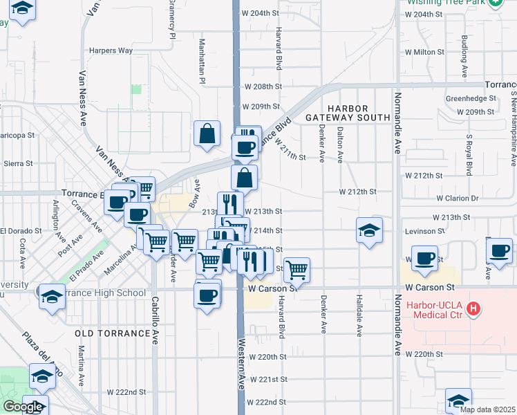 map of restaurants, bars, coffee shops, grocery stores, and more near 1651 West 213th Street in Torrance