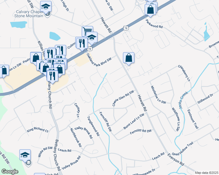 map of restaurants, bars, coffee shops, grocery stores, and more near 2315 Oakland Spring Drive in Snellville