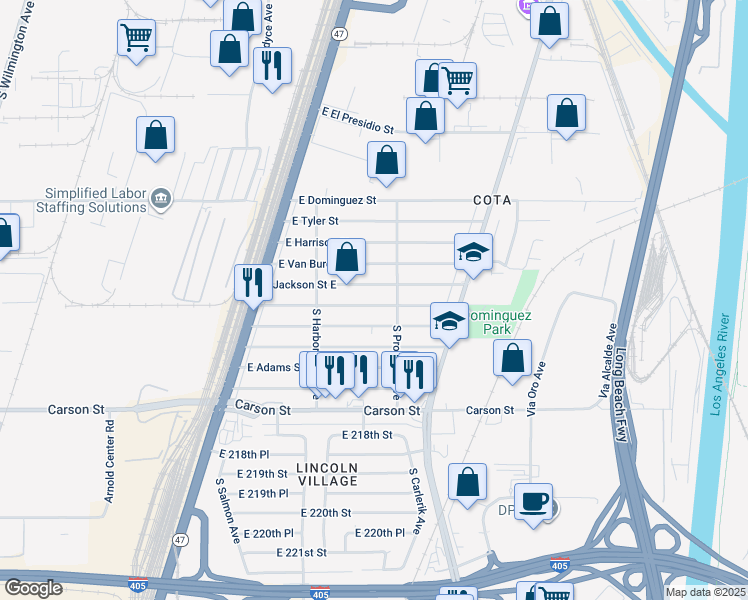 map of restaurants, bars, coffee shops, grocery stores, and more near 2657 East Monroe Street in Carson