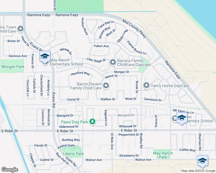 map of restaurants, bars, coffee shops, grocery stores, and more near 3506 Riverwalk Court in Perris