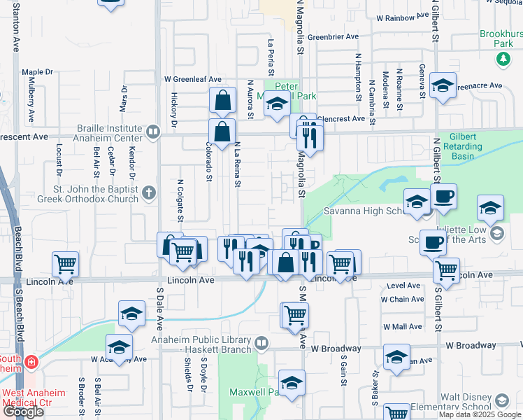 map of restaurants, bars, coffee shops, grocery stores, and more near 2652 West Russell Avenue in Anaheim