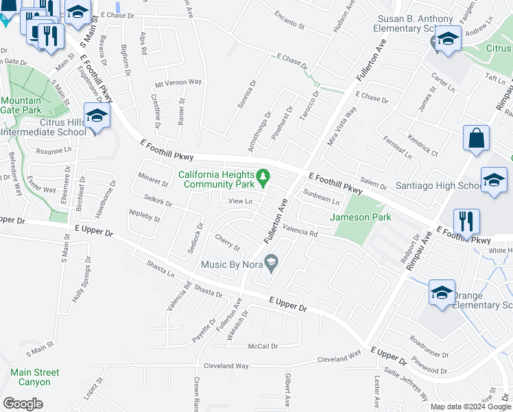 map of restaurants, bars, coffee shops, grocery stores, and more near 764 View Lane in Corona