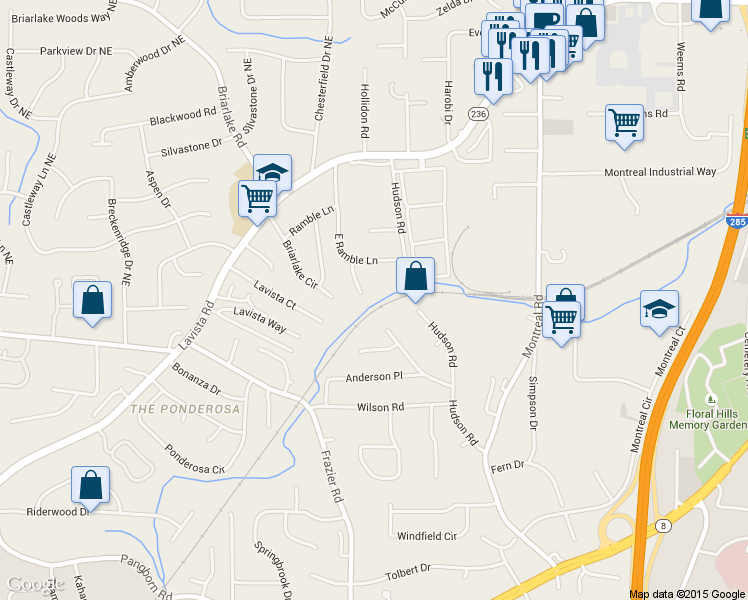 map of restaurants, bars, coffee shops, grocery stores, and more near 1807 East Ramble Court in Decatur